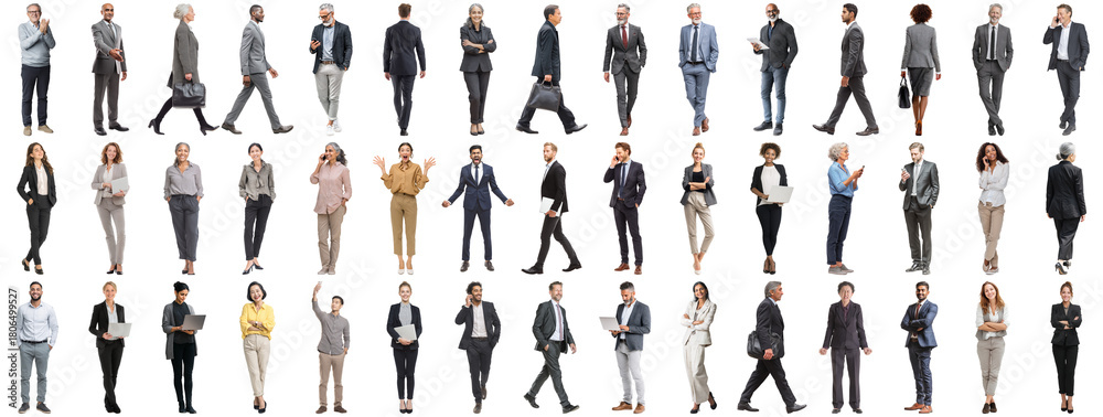 Naklejka premium Set of business people in various actions on isolated background. Businesspeople, businesswomen, businessmen office worker in full body length studio professional shot in casual and formal wear