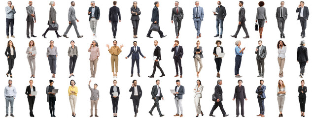 Set of business people in various actions on isolated background. Businesspeople, businesswomen, businessmen office worker in full body length studio professional shot in casual and formal wear