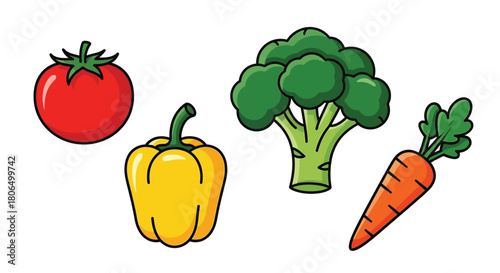 Colorful illustration showcasing fresh tomato broccoli yellow pepper and orange carrot