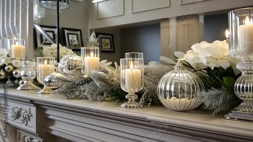 Elegant Christmas Mantel Decoration with Candles and Silver Ornaments creates Festive Decor