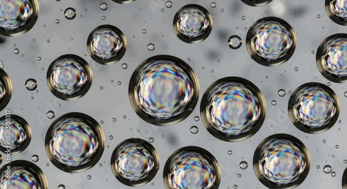 Close-up view of numerous water bubbles, reflecting light and creating a textured pattern.
