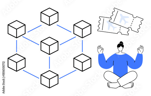 Minimal blockchain diagram, person in meditation pose, two flight tickets. Ideal for technology, blockchain, decentralization, travel, mindfulness innovation balance. Simple flat metaphor
