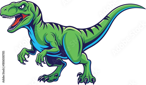 Illustration of green cartoon raptor dinosaur isolated on is ready to attack