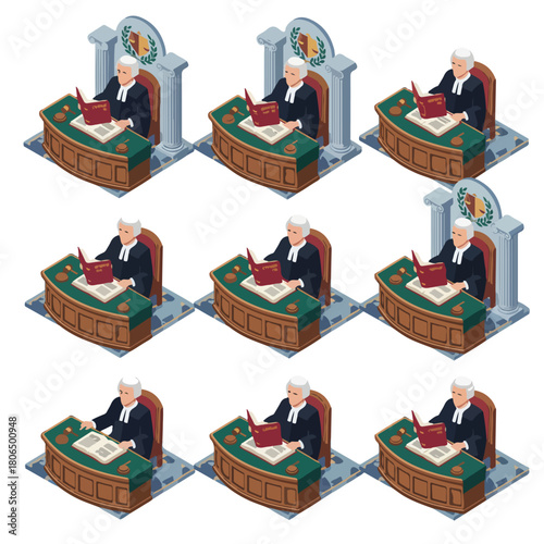Vector set of 8 stylized judge putting on glasses to read a document, close-up isometric perspective, detailed facial expression.								
		