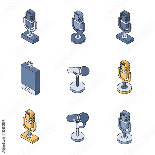 Vector set of 8 minimalist icon of a judge's microphone, isometric vector illustration, clean lines, professional look.								

