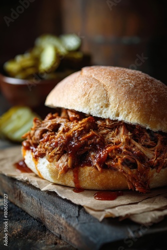 Pulled Pork Sandwich with Pickles - Rustic Charm and Delicious BBQ.