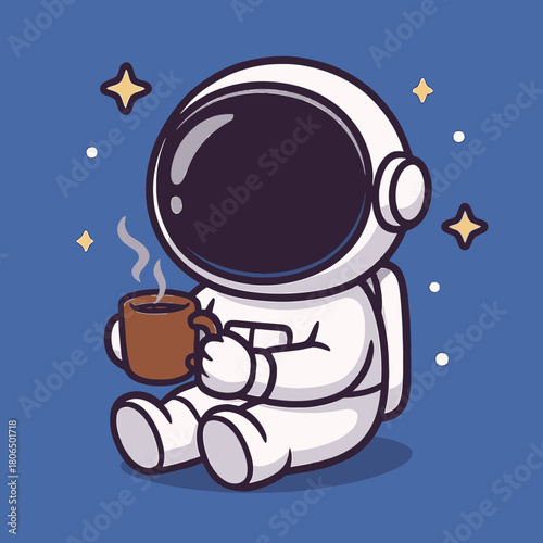 Charming flat vector logo illustration of an astronaut enjoying a warm cup of coffee in space, surrounded by twinkling stars