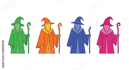 Four wizards in vibrant colors stand in a row each with a staff