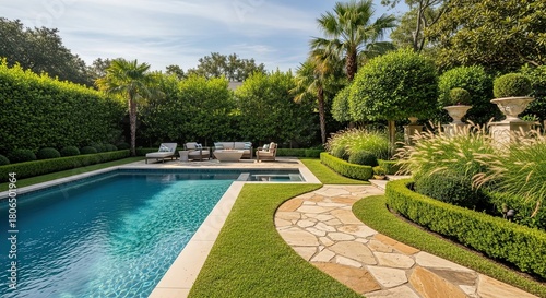 Elegant residential backyard oasis with a sparkling swimming pool, a flagstone path, and manicured landscaping for a luxurious retreat