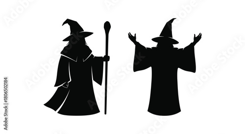 Two silhouetted wizards with pointed hats and staffs in a dark setting