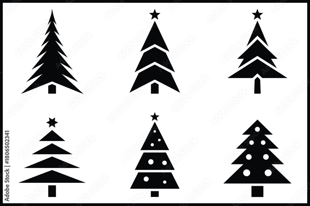 Obraz premium Collection of various minimalist christmas tree silhouettes icons isolated on white background, Vector