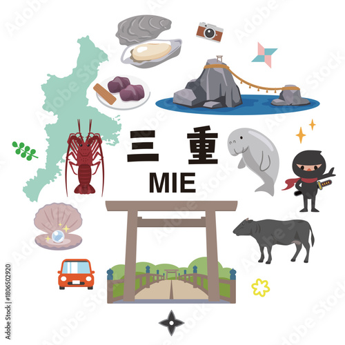 三重県の名物と観光地のアイコンセット 伊勢志摩の特産品ベクターイラスト