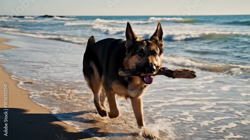Happy German Shepherd Dog Playing Fetch on the Beach at Sunset.