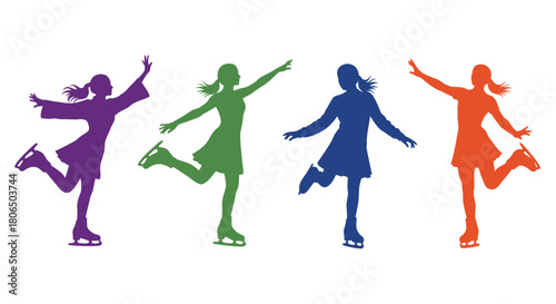 Four figures skating joyfully depicted as colorful silhouettes in motion
