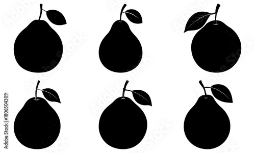 Silhouette depiction of six pears with stems and leaves arranged in two rows on a white background