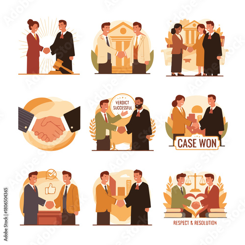 Vector set of 8 lawyer and opposing counsel shaking hands after a tough negotiation, professional courtesy, isometric art.								
