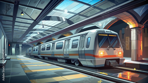 Very beautiful silver subway car resting quietly in a dim station, soft shadows wrapping around its metallic surface, creating an atmospheric urban moment with moody light and reflective textures.