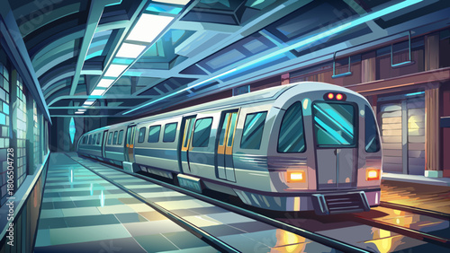 Very beautiful silver subway car resting quietly in a dim station, soft shadows wrapping around its metallic surface, creating an atmospheric urban moment with moody light and reflective textures.