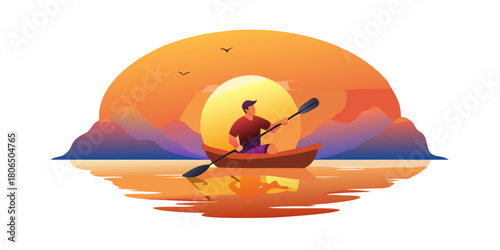 man puts fingers down in lake kayaking against backdrop of golden sunset, unity harmony nature.