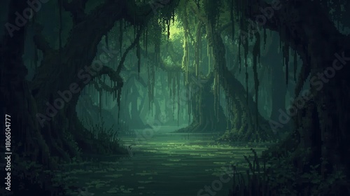 Mysterious Swamp Scene With Drifting Moss And Illuminated Waterway In Pixel Art
