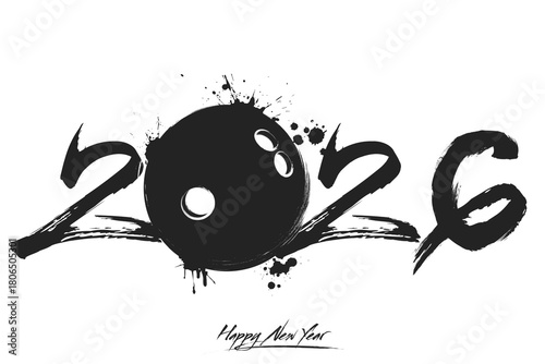 Numbers 2026 and a abstract bowling ball made of blots in grunge style. Design text logo Happy New Year 2026. Template for greeting card, banner, poster. Vector illustration on isolated background