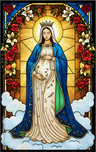 Pregnant Virgin Mary Stained Glass Illustration with Blue Mantle Flowers Crown and Golden Halo on Clouds Religious Christian Artwork of Our Lady