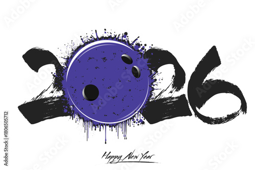 Numbers 2026 and a abstract bowling ball made of blots in grunge style. Design text logo Happy New Year 2026. Template for greeting card, banner, poster. Vector illustration on isolated background