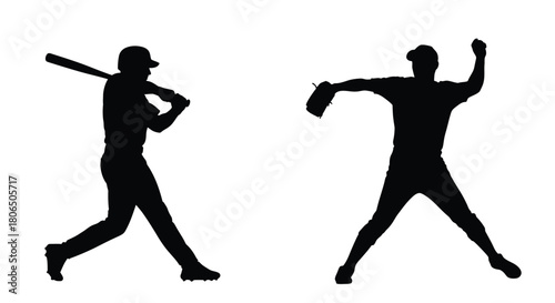 Baseball players in silhouette a batter swinging and a pitcher throwing