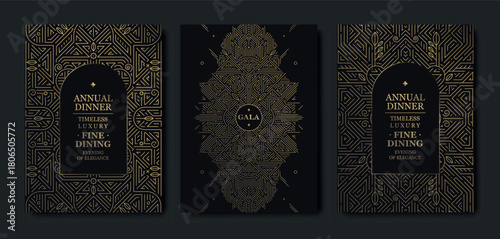 Luxury background, geometric Art Deco pattern, elegant gold line art, Gatsby border for premium gala designs. Modern vector template, VIP invitations, posters, covers, prestige event branding.