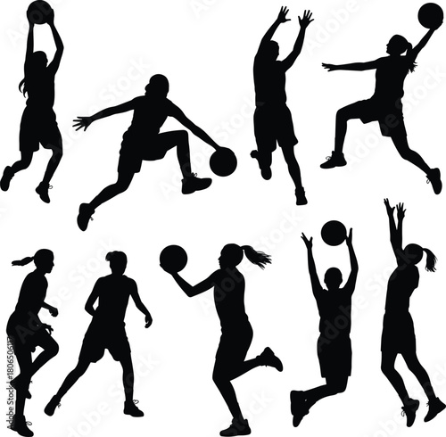 Basketball, female, silhouette, athlete, action, jump, dribble, shoot, pass, sport, team, dynamic, pose, black, isolated, movement, energy,