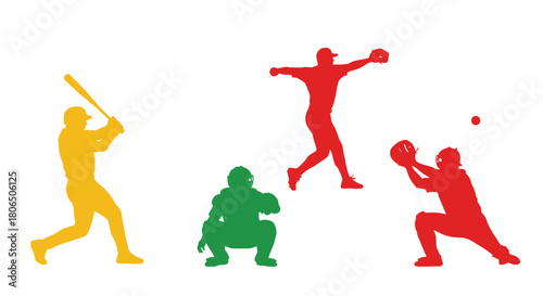 Colorful silhouettes of baseball players in various action poses