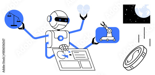 Robot multitasking with scales of justice, heart, robotic arm, coin, paperwork, and globe. Ideal for AI, tech robotics justice ethics futuristic concepts human-machine interaction. Simple flat