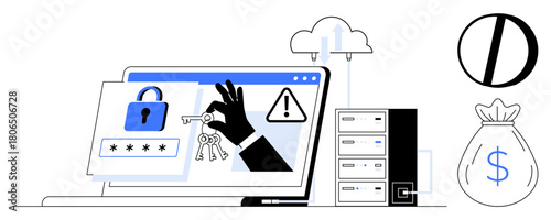 Hand stealing keys from a secured laptop screen, alert icons, server stack, cloud, and bag with dollar symbol. Ideal for cybersecurity, data protection, online theft prevention, finance risk hacking