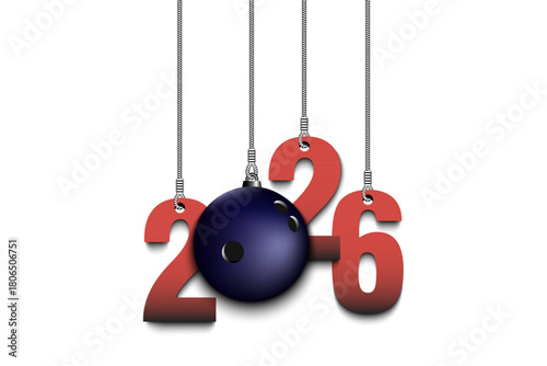 Numbers 2026 and bowling ball as a Christmas decorations are hanging on strings. New Year 2026 are hang on cords. Template design for greeting card. Vector illustration on isolated background