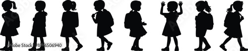 Child walking silhouette, girl in motion, school backpack, ponytail child, standing pose, walking sequence, child movement, posture study, animation reference, educational concept