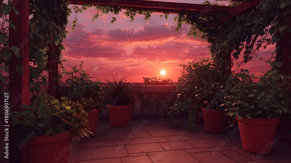 Obraz premium Vibrant crimson sunset paints the sky over a serene rooftop terrace adorned with lush potted plants climbing vines and a rustic wooden pergola