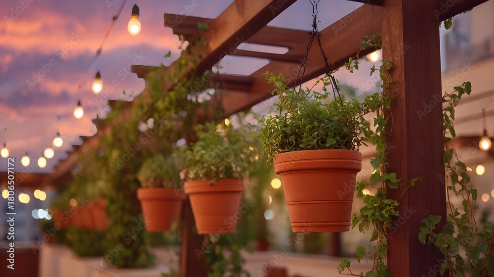 Naklejka premium An outdoor terrace features hanging potted plants and vines under a vibrant sunset sky with string lights