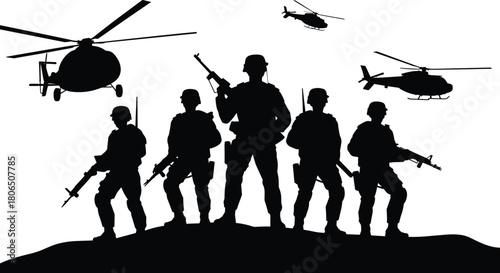 Military soldiers silhouette on battlefield, armed troops with rifles, combat helicopters flying, war zone operation, tactical defense team, army mission, dramatic sky background