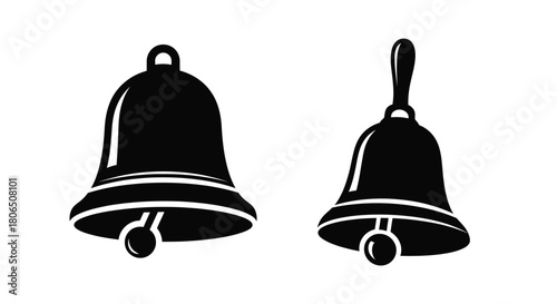 Two black silhouette icons of vintage bells on a white background