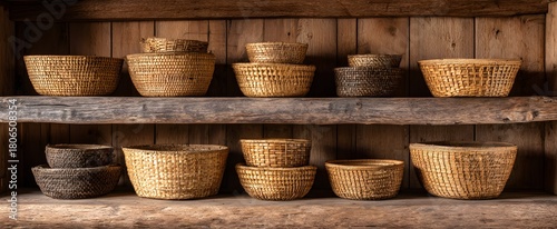 Rustic woven baskets evoke warmth and comfort on natural wood shelves for display
