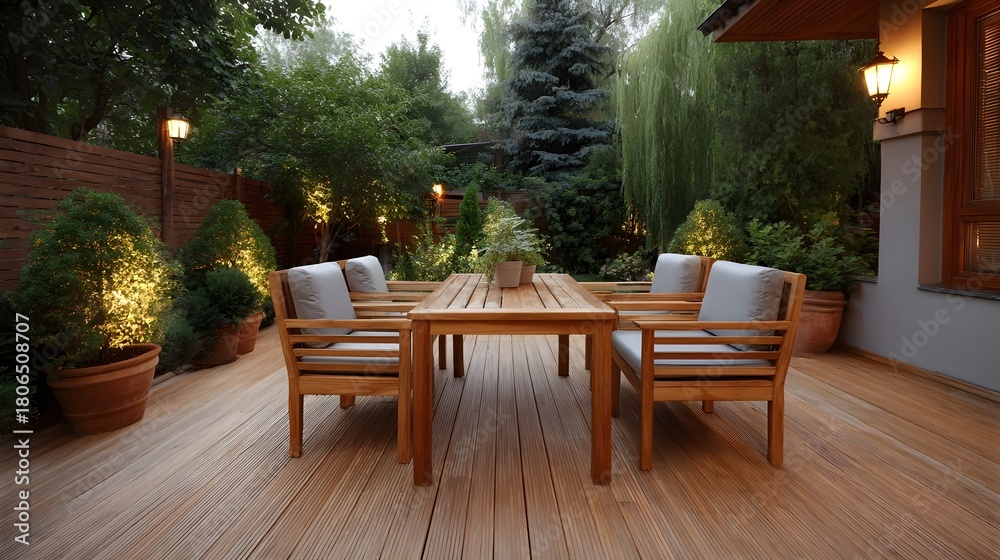 Fototapeta premium A tranquil wooden deck with table and chairs illuminated by ambient lighting in a lush garden