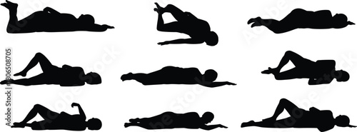 Silhouette, lying, pose, human, body, position, rest, sleep, anatomy, figure, black, isolated, grid, collection, reference, posture, horizontal,