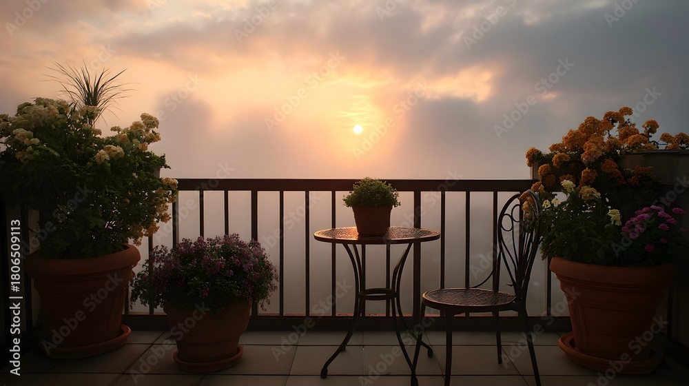 Obraz premium Serene balcony with potted flowers and garden furniture bathed in the soft light of a misty sunset