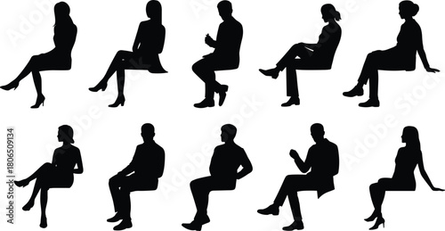 Silhouettes, seated people, sitting poses, diverse group, male female, body language, posture study, ergonomic reference, fashion sketch, casual sitting, business attire, vector art