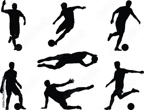 Soccer player silhouettes, football action poses, dynamic movement, kicking, dribbling, diving, sliding, sports illustration, athlete figures, black shapes, competitive game, vector art