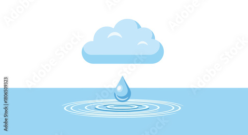 A single drop of rain falls from a simple cloud into a puddle, symbolizing precipitation and the water cycle in a clean vector graphic