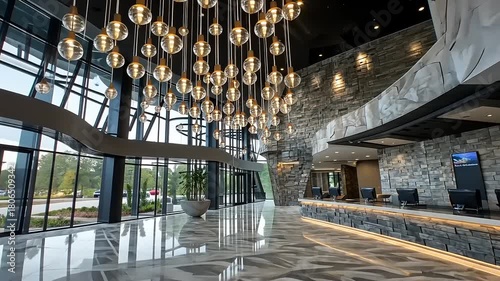 Modern hotel lobby with unique lighting fixtures and stylish stone design elements creating an