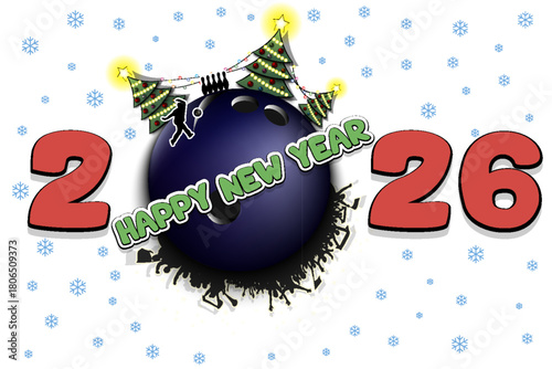 Happy new year. 2026 with bowling ball, Christmas trees, bowling player and fans. Original template design for greeting card, banner, poster. Vector illustration on isolated background