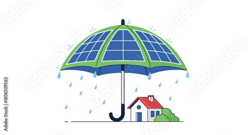 Solar Panel Umbrella Protecting a House from Rain, Concept of Renewable Energy and Sustainability
