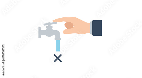 Vector illustration of a hand turning off a water tap, an icon representing the concept of water conservation and saving resources